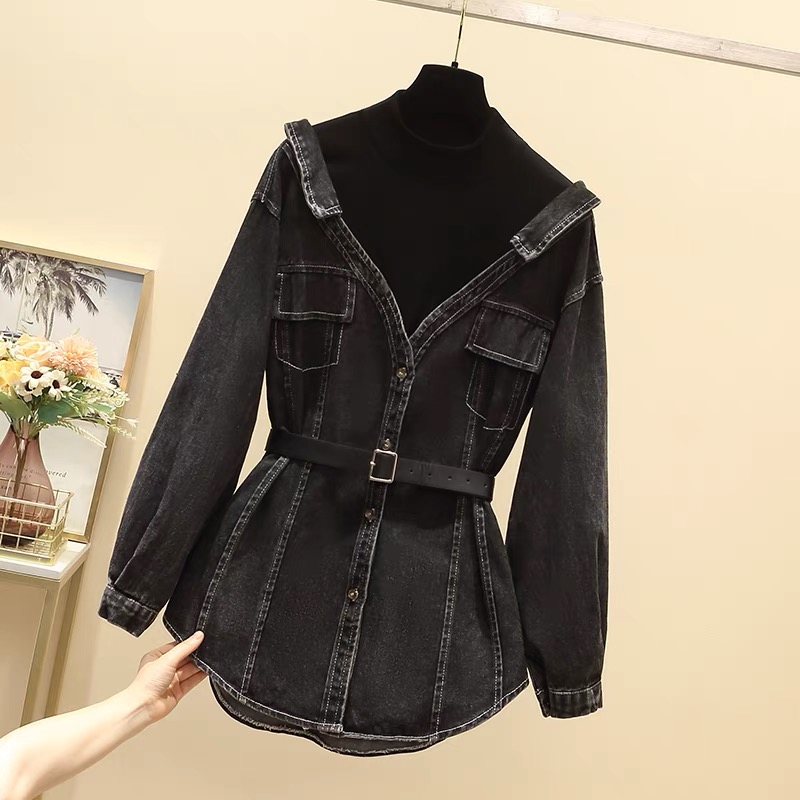 Casual Dresses Spring Fall Denim Blouse Tops With Belt Long Sleeve Patchwork Fake Two Piece Jeans Shirt Women Loose Tops Blusas Mujer 2023