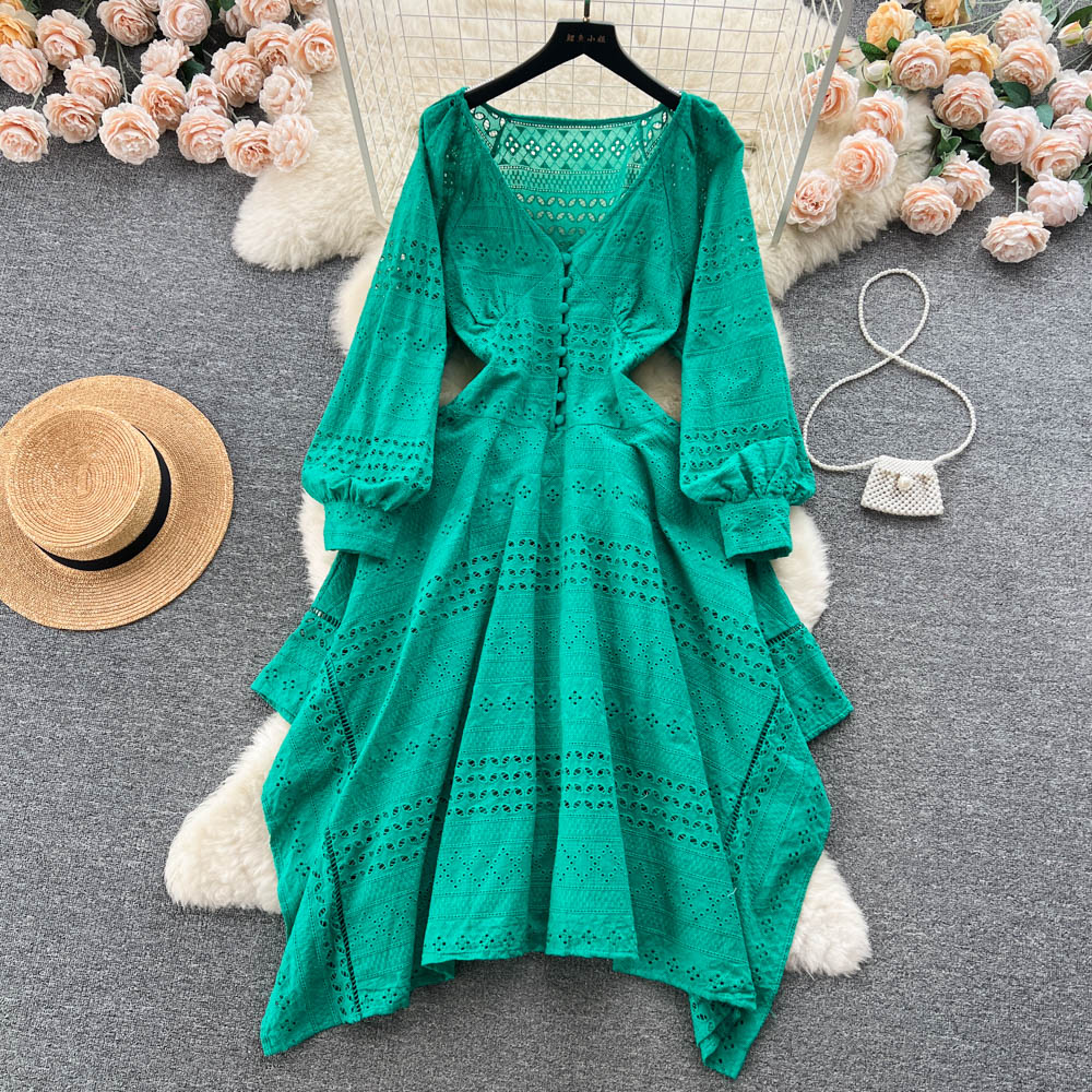 Casual Dresses French Irregular Openwork A-line Dress Women New Summer V Neck lace-up Slim Long Sleeve Elegant Vestidos De Verano 268K