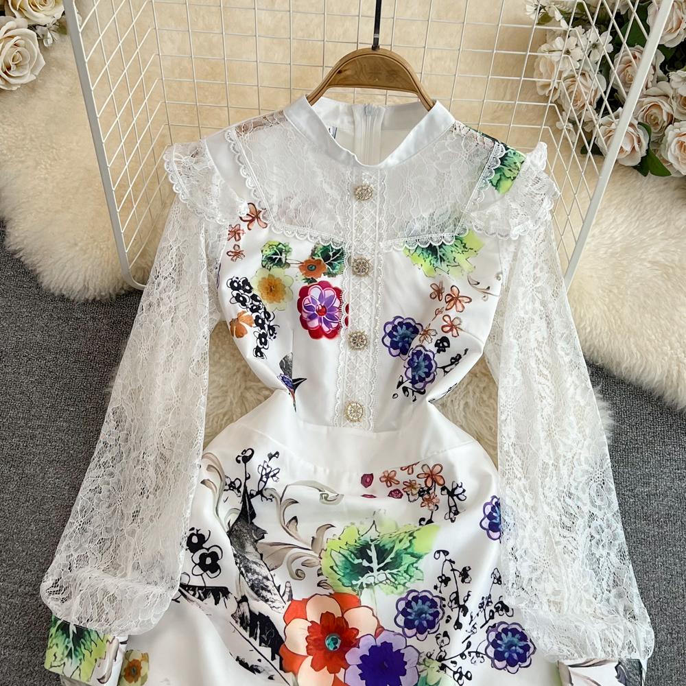 Casual Dresses Women Summer Dress Runway Designer Lace Stitching See Through Lantern Sleeve Stand Collar Fashion Mini Dress Vestidos 2023