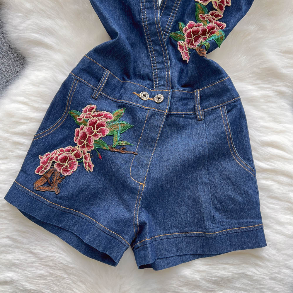 Summer New Shorts Denim Jumpsuits for Women Vintage Sleeveless V-neck Flower Embroidery Slim Rompers Casual One Piece Overalls 2023