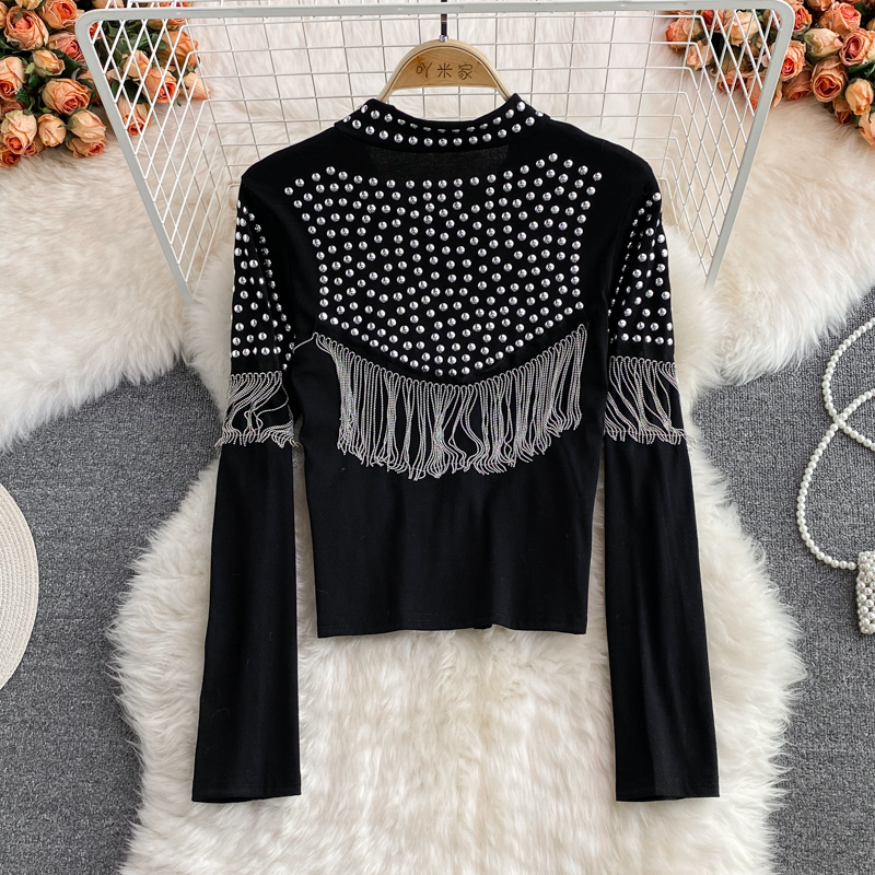 Women's Jackets Spring Fashion Rivet Chain Tassel Slim Short Cardigan Jacket Women Stand Collar Long-sleeve Streetwear Female Thin Black Coat 2023