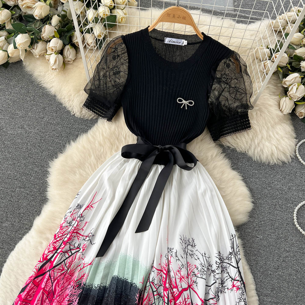 Casual Dresses Fashion Knitted Patchwork Pleated One Piece Dresses Women Elegant Mesh Puff Sleeve Sashes Bow Print Long Fake Two Piece Dress 2023