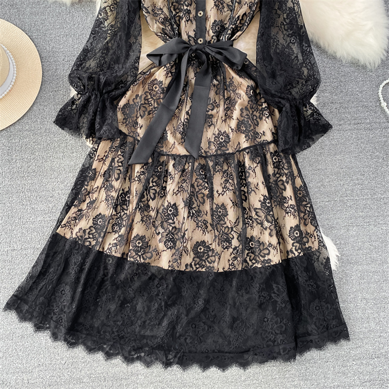 Vestidos casuais primavera verão feminino preto flor bordado malha vestidos longos com faixas lapela botão decoração elegante vestidos de festa vestidos 2023