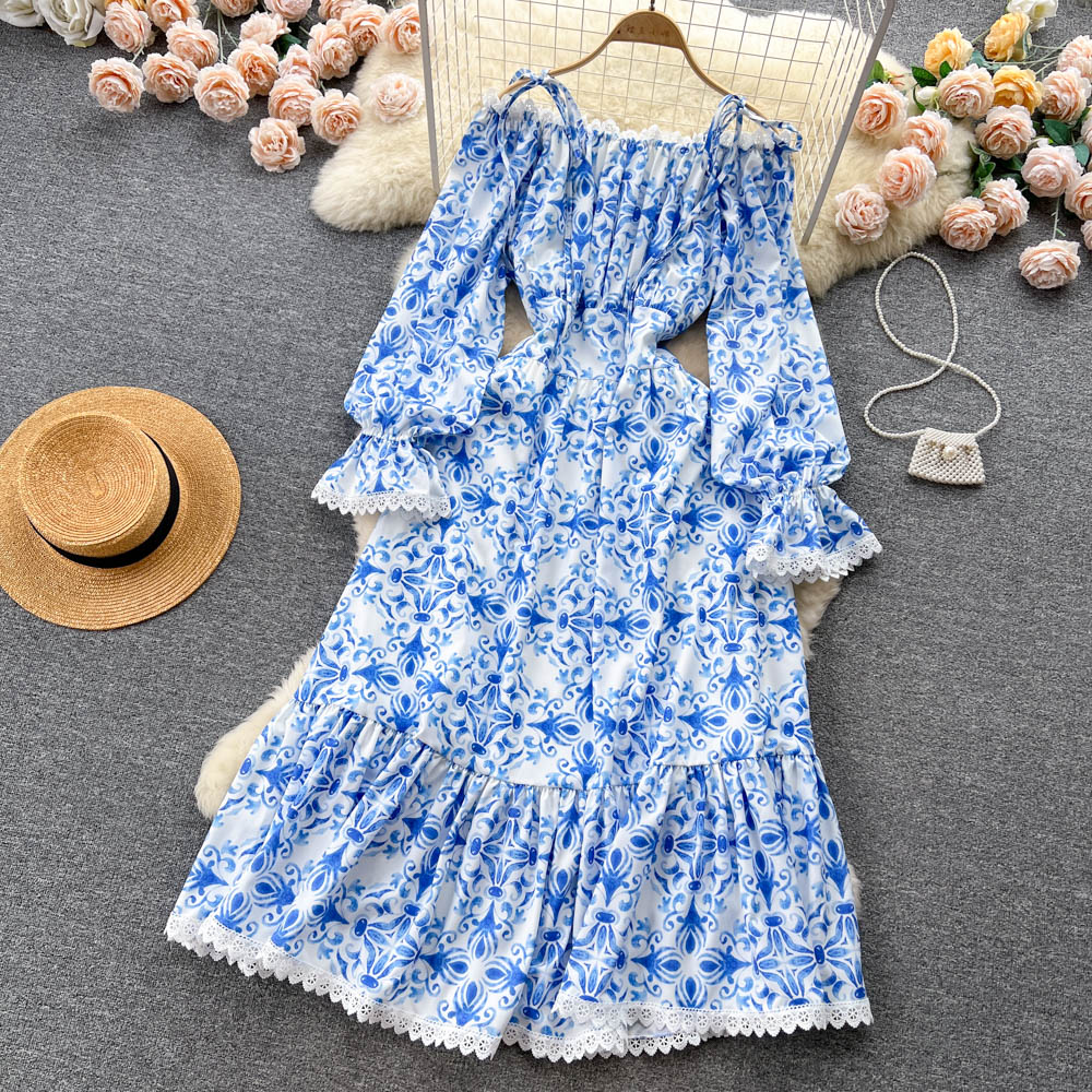 Casual Dresses Fashion Runway Summer Long Dress Women's Spaghetti Strap Slash Neck Flare Sleeve Blue Flower Printing Vacation Dress 2023