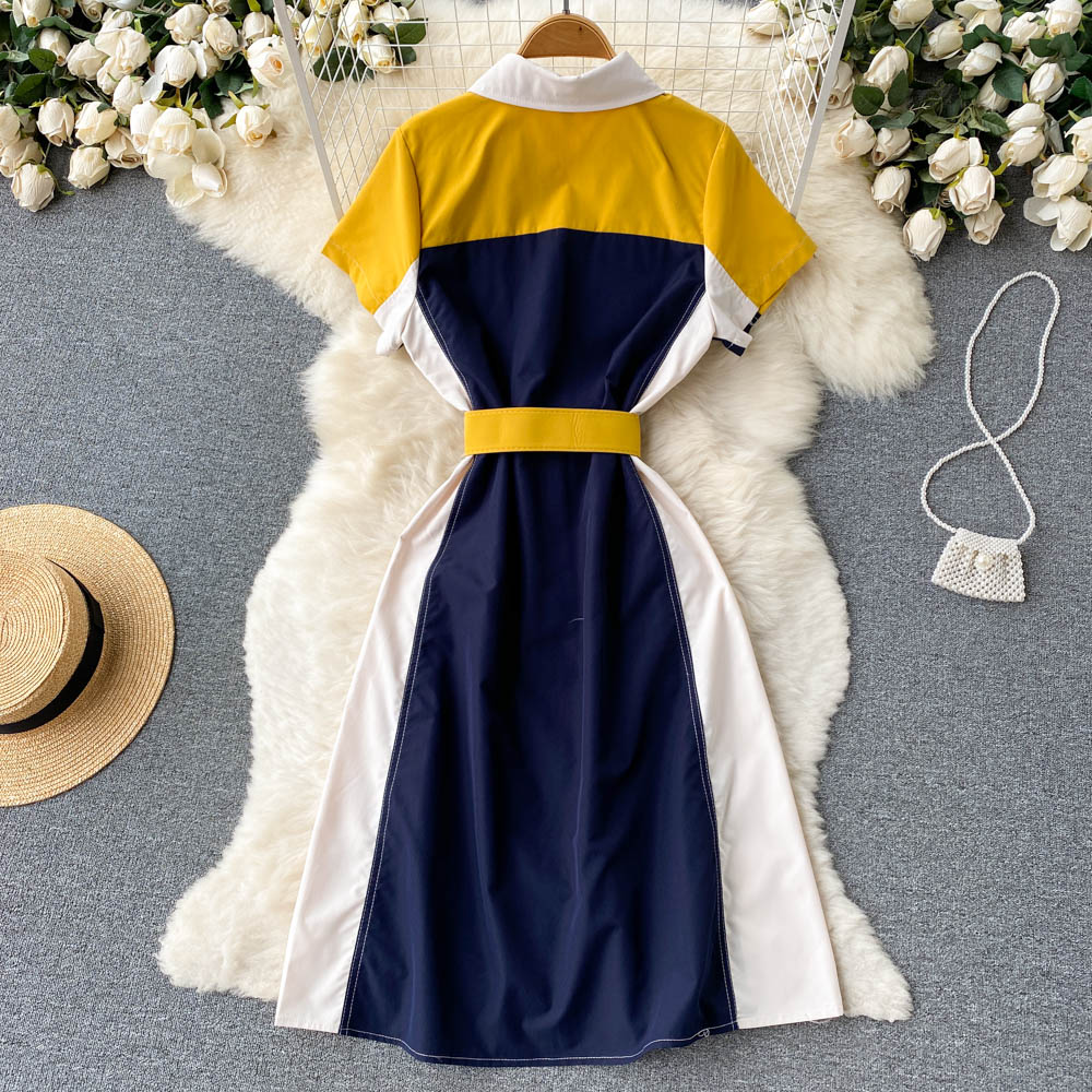 Casual Dresses Elegant OL Color Block Patchwork Shirt Dresses Women New Playful Casual Sequined Embroidery Flower Belt Summer Dress Vestido Mid 2023