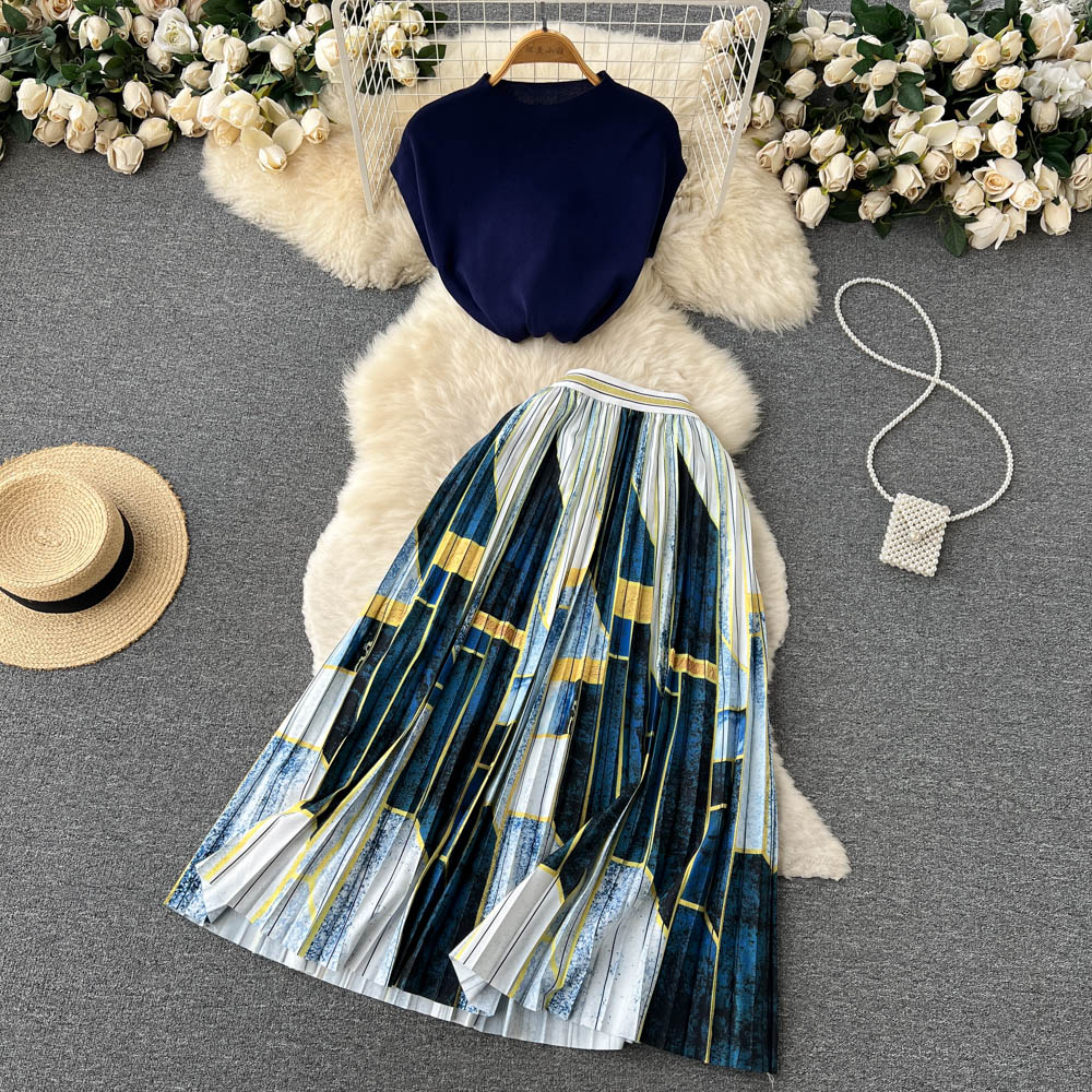 Two Piece Dress High Quality Knitted Tops Pleated Skirt Women Elegant Ladies Solid Sweater Long Skirt Set Outfits 2023