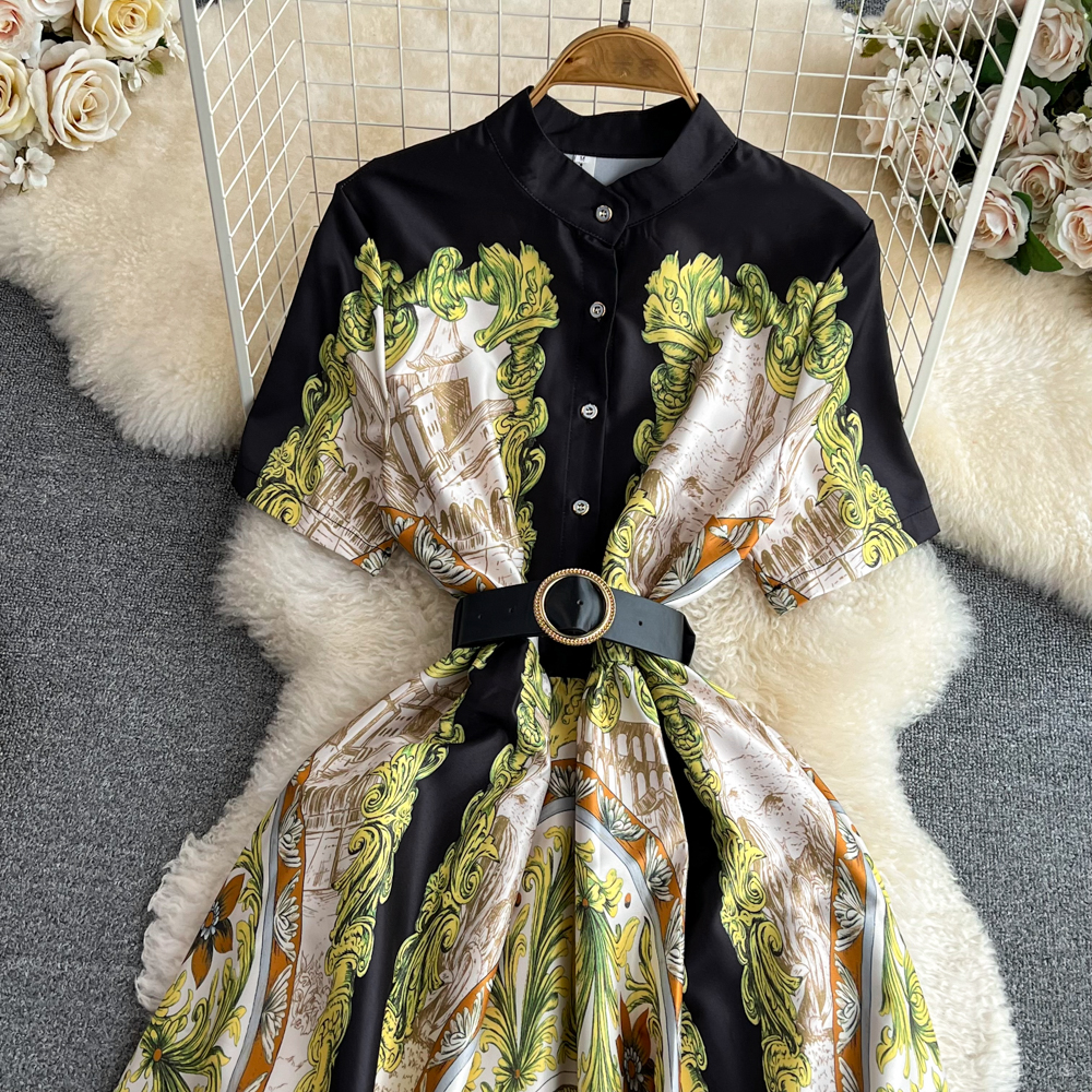 캐주얼 드레스 런웨이 패션 빈티지 인쇄 셔츠 드레스 여자 스탠드 칼라 칼라 짧은 슬리브 싱글 브레스트 미디 멍청이 푸트 벨트 2023