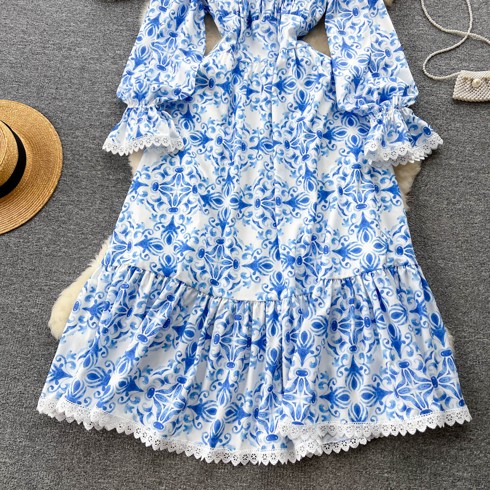 Vestidos casuais moda passarela verão vestido longo feminino alça espaguete barra decote manga flare azul estampado flor vestido de férias 2023