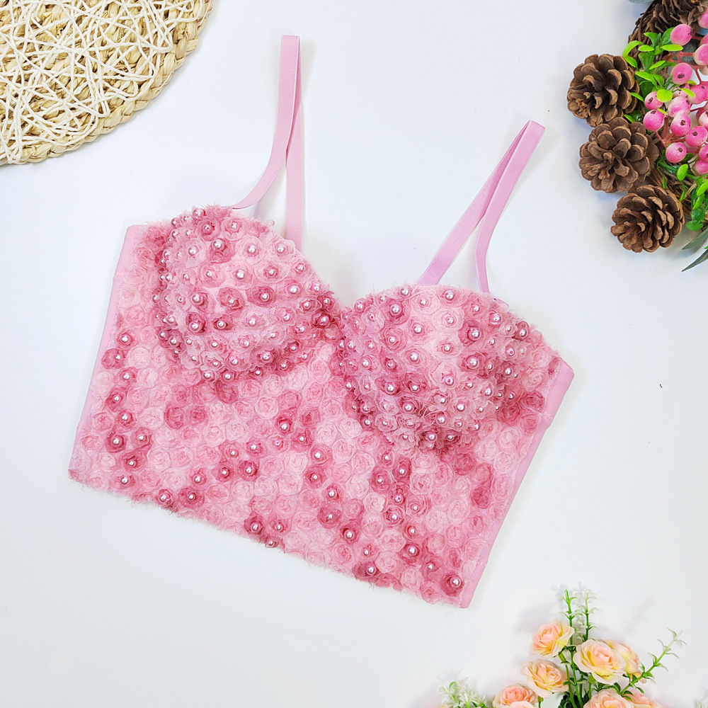 New Fashion Lace Bandeau Wears Women Sexy Sleeveless Flowers Sweet Fishbone Beaded Short Bustier Corset Crop Tops Mujer 2023