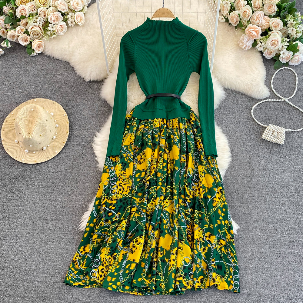 Casual Dresses Women Winter Autumn Vintage Print Pleated Midi Long Dress Elegant Lady Office Work A-line Green Vestidos With Belt 2023