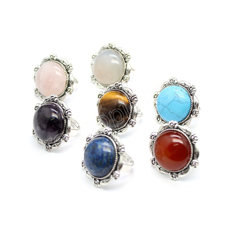 Big Round Natural Stones Pierścienie dla kobiet Reiki Crystal Turquoises Różowy kwarc Regulowane zespoły pierścieniowe Oświadczenie biżuterii retro