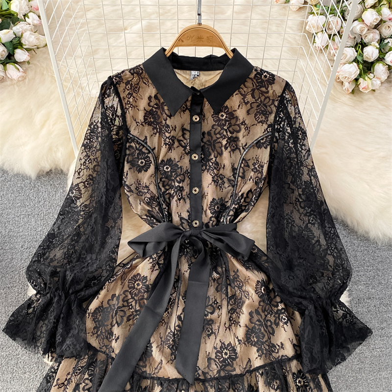Vestidos casuais primavera verão feminino preto flor bordado malha vestidos longos com faixas lapela botão decoração elegante vestidos de festa vestidos 2023