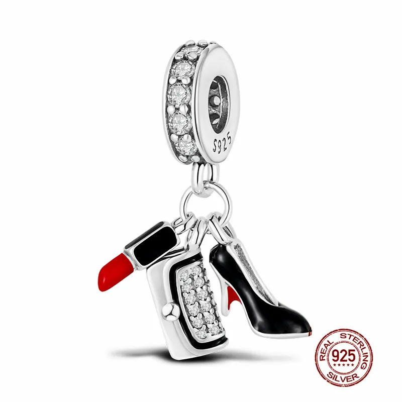 925 Silver Fit Pandora Charm 925 Bracelet Shoes Bag Lipstick Series charms set Pendant DIY Fine Beads Jewelry