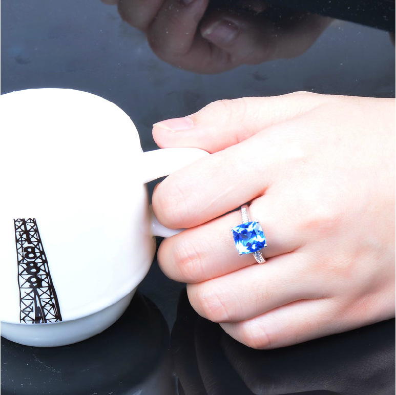Alianças de casamento femininas moda quadrada mar azul zirco diamante anel banhado a ouro branco namorada festa jóias presente de aniversário ajustável