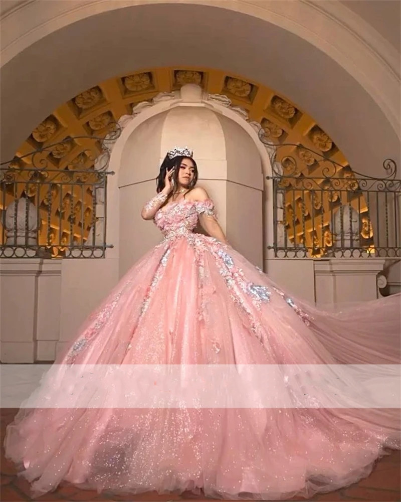 Pink Flowers Princess Quinceanera Dresses 2023 Off Shoulder Beads Appliques Sweet 16th Dress Vestido De Xv Anos Prom Cour Train