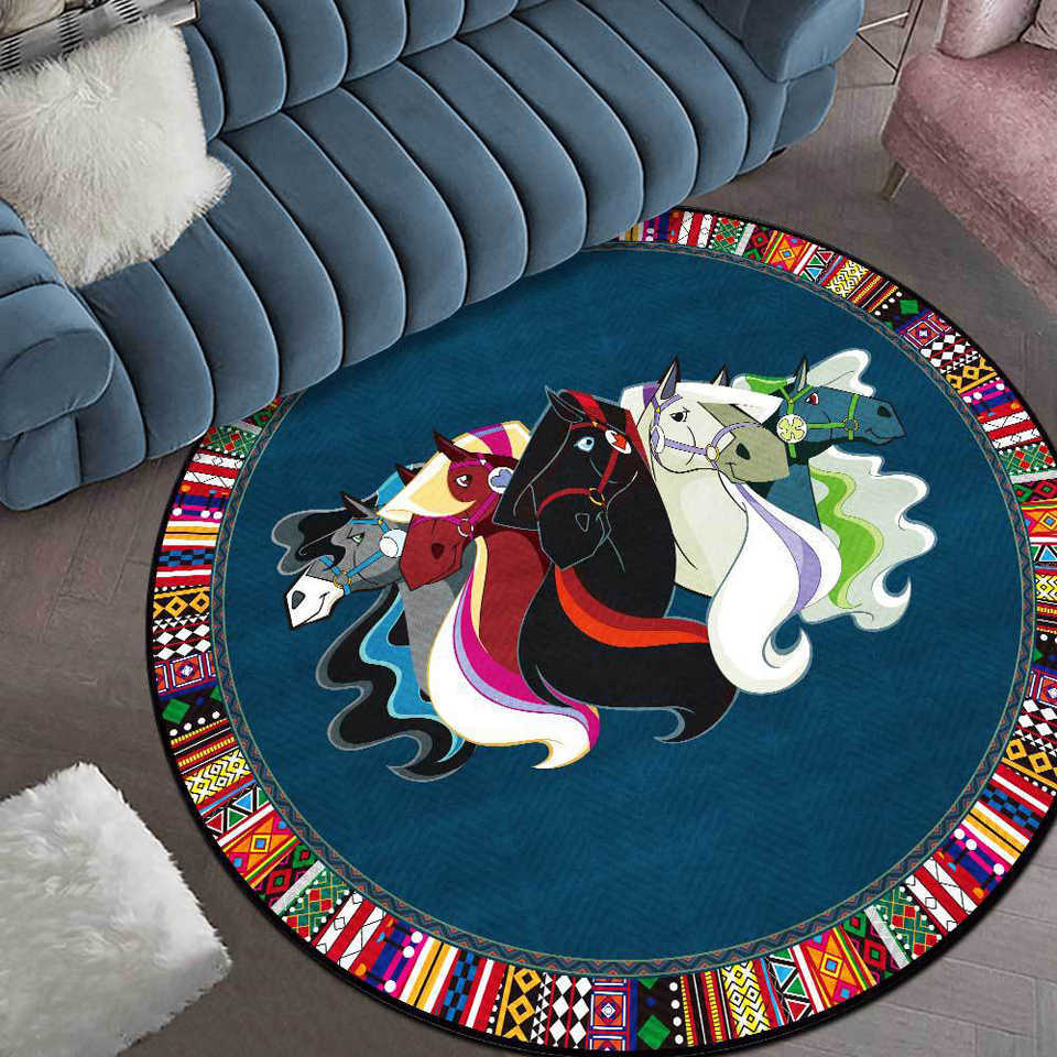 Alfombra redonda Caballo Impresión 3D Alfombras para sala de estar Marco étnico de lujo Negro Azul Naranja Dormitorio Mesita de noche Sofá Silla Alfombrilla antideslizante L230619