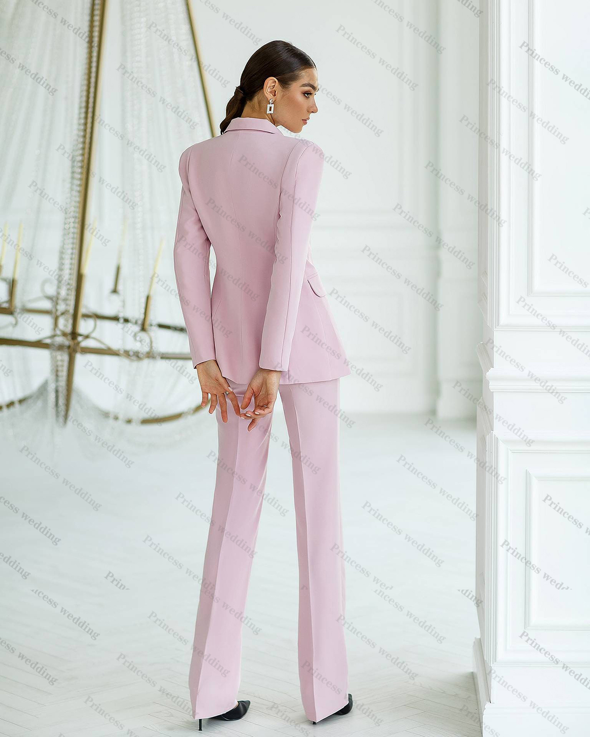 2ピース豪華なピンクの女性スーツブレザーとパンツのための仕事のパンツスーツのためのパンツスーツビジネスビジネスカスタムメイド