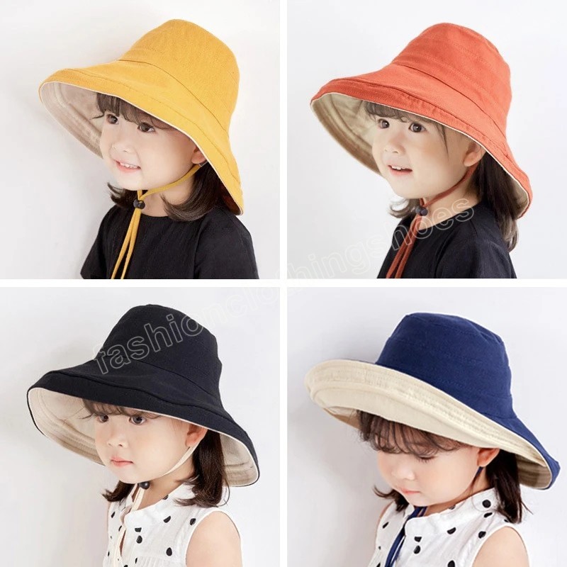 Reversibel baby sun hatt sommar hösten dubbel ansikte barn hink hattar för flickor tillbehör reser strand barn panama cap 2-5y