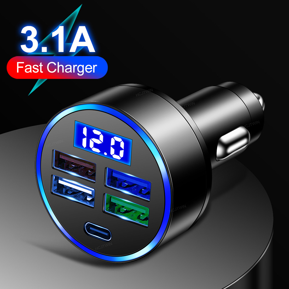 15.5W 3.1A 4 USB Type C Chargeur de voiture 5-en-un 4 Ports Chargeur de voiture 3.0 Charge rapide USB PD Adaptateur de voiture USB