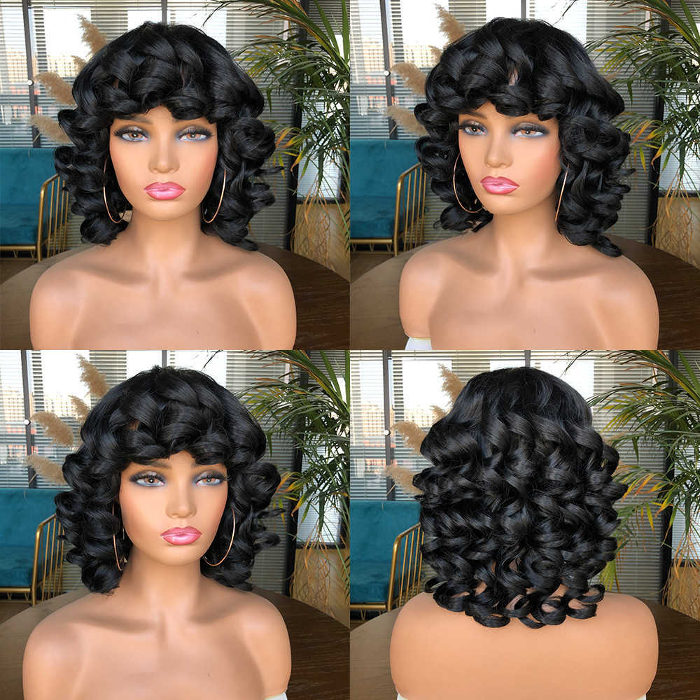 Nxy Haar Pruiken Pluizige Synthetische Afrikaanse Ombre Lijmloze Cosplay Natuurlijke Bruine Korte Afro Kinky Krullend met Pony voor Zwarte vrouwen 230619