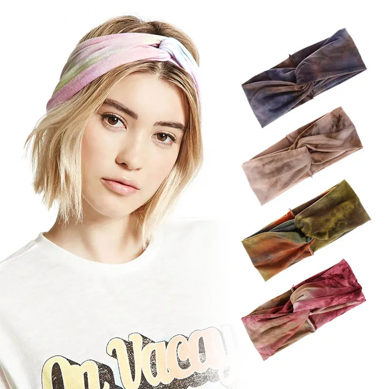 Dropshipping Bohemian Tie Dye Cross Hair Band for Women Yoga Sport Fitness Headbands Knot Wide Brim Hair Accessories