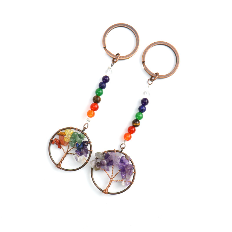 Colorful Life Tree Keychain Natural Crystal Stone Keychain Chakra Yoga Energy Stone Keyring Key Chains