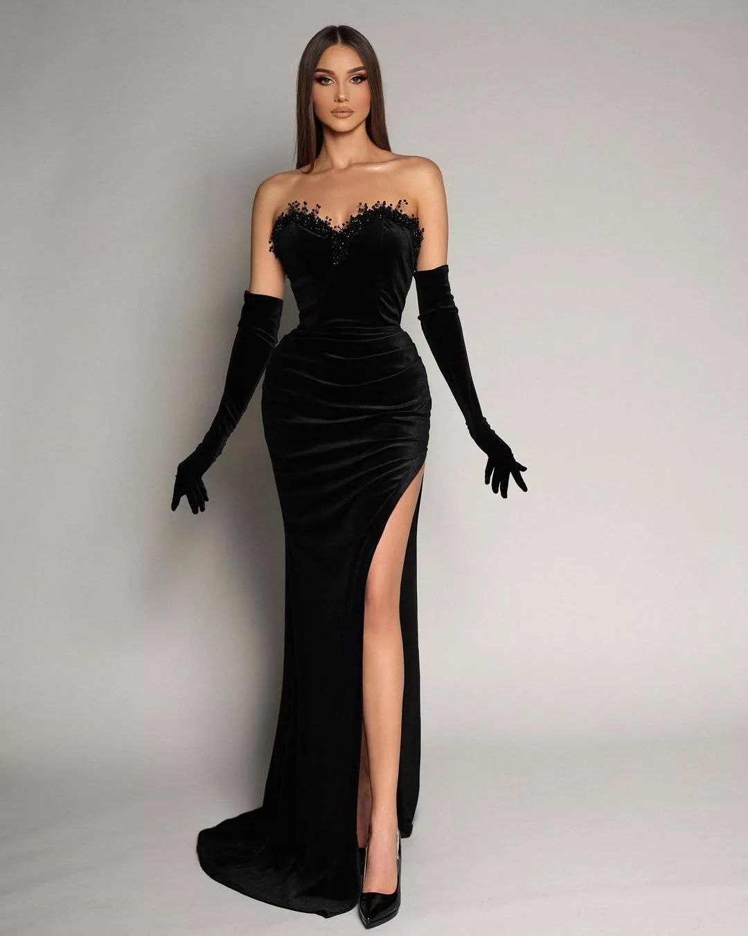 Арабская черная русалка выпускная платья надолго для женщин, возлюбленная бархатные бусины без спины высокая сторона, расщепленные, вечерние театрализованные вечерние платья по случаю дня рождения нет перчаток