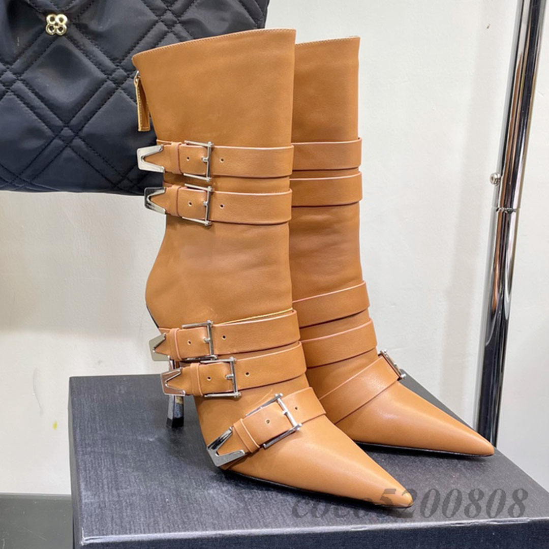 Vrouwen Enkellaarsjes Herfst Winter Halfhoge Laarzen Echt Leer Vrouwen Schoenen Puntschoen Stiletto Hakken Gesp Decor Elegante Trend