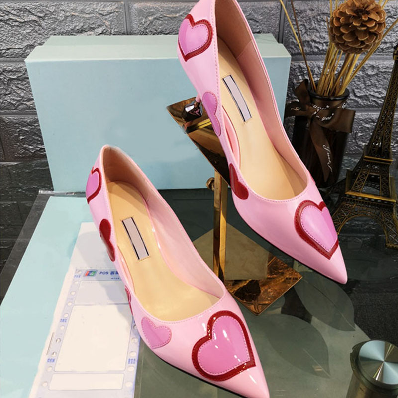 Designer dress shoes women patent leather spelling colour flat shoes pointed fine heels high heels pink love heart symbol party shoes two heels high 2cm 6cm with box