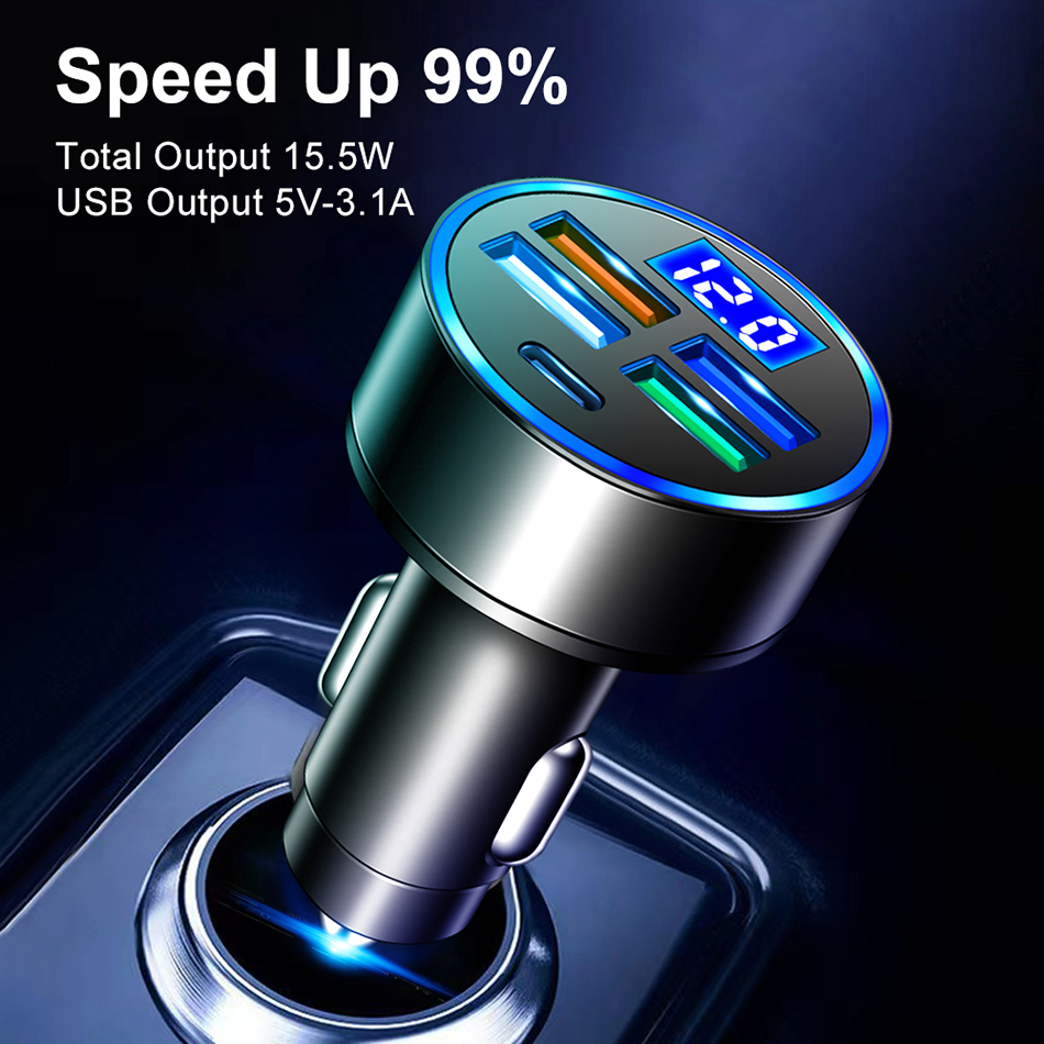 15.5W 3.1A 4 USB Type C Chargeur de voiture 5-en-un 4 Ports Chargeur de voiture 3.0 Charge rapide USB PD Adaptateur de voiture USB