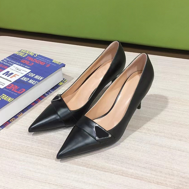 Designer dress shoes triangle buckle ladies luxury pointed high heels shallow mouth fine heel daily fashion commuter shoes heel 8cm high with box
