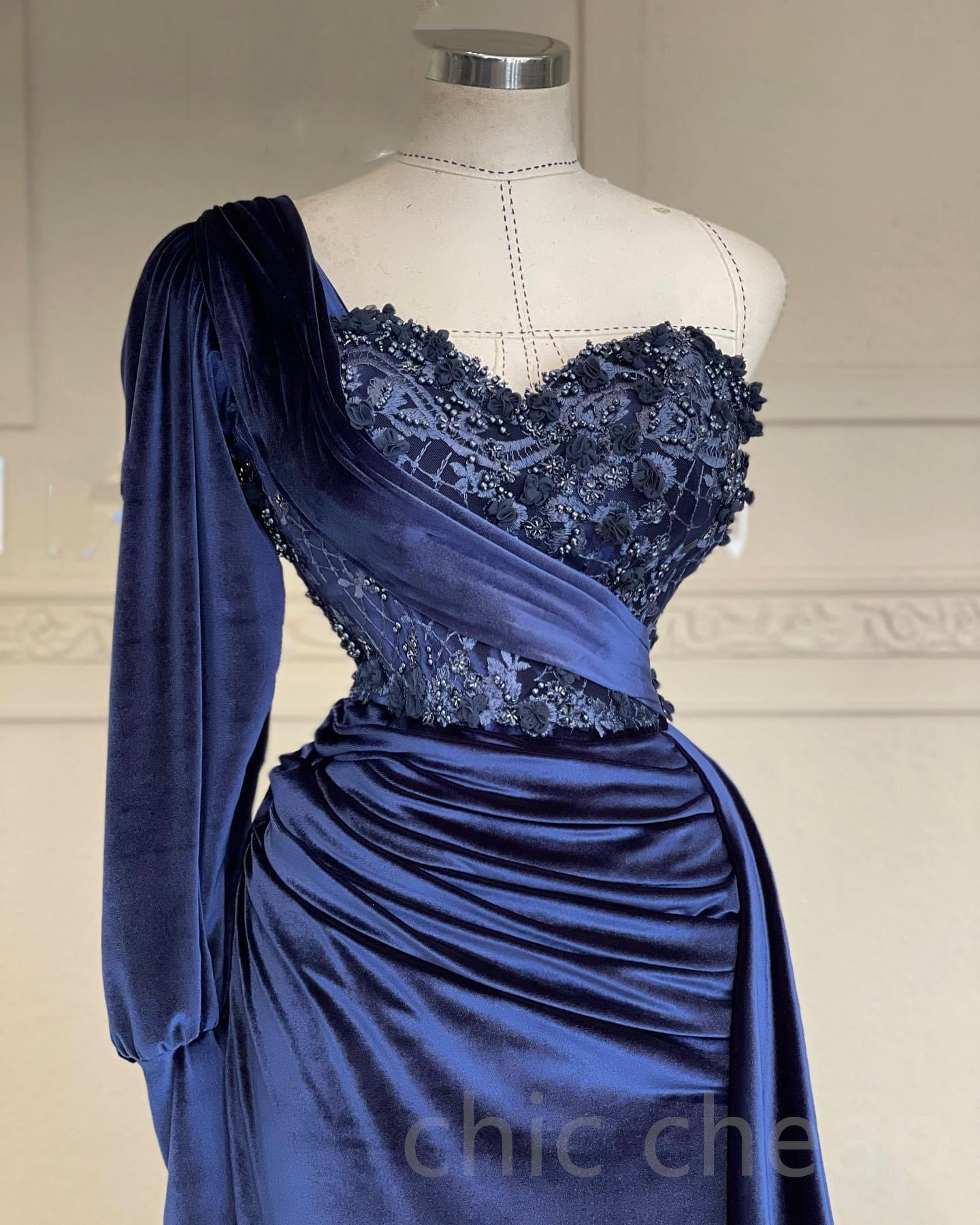 2023 ASO EBI Navy Blue Mermaid Prom Dress Lace Pärled Evening Formal Party Second Reception Birthday Bridesmaid Engagementklänningar Klänningar Robe de Soiree ZJ418