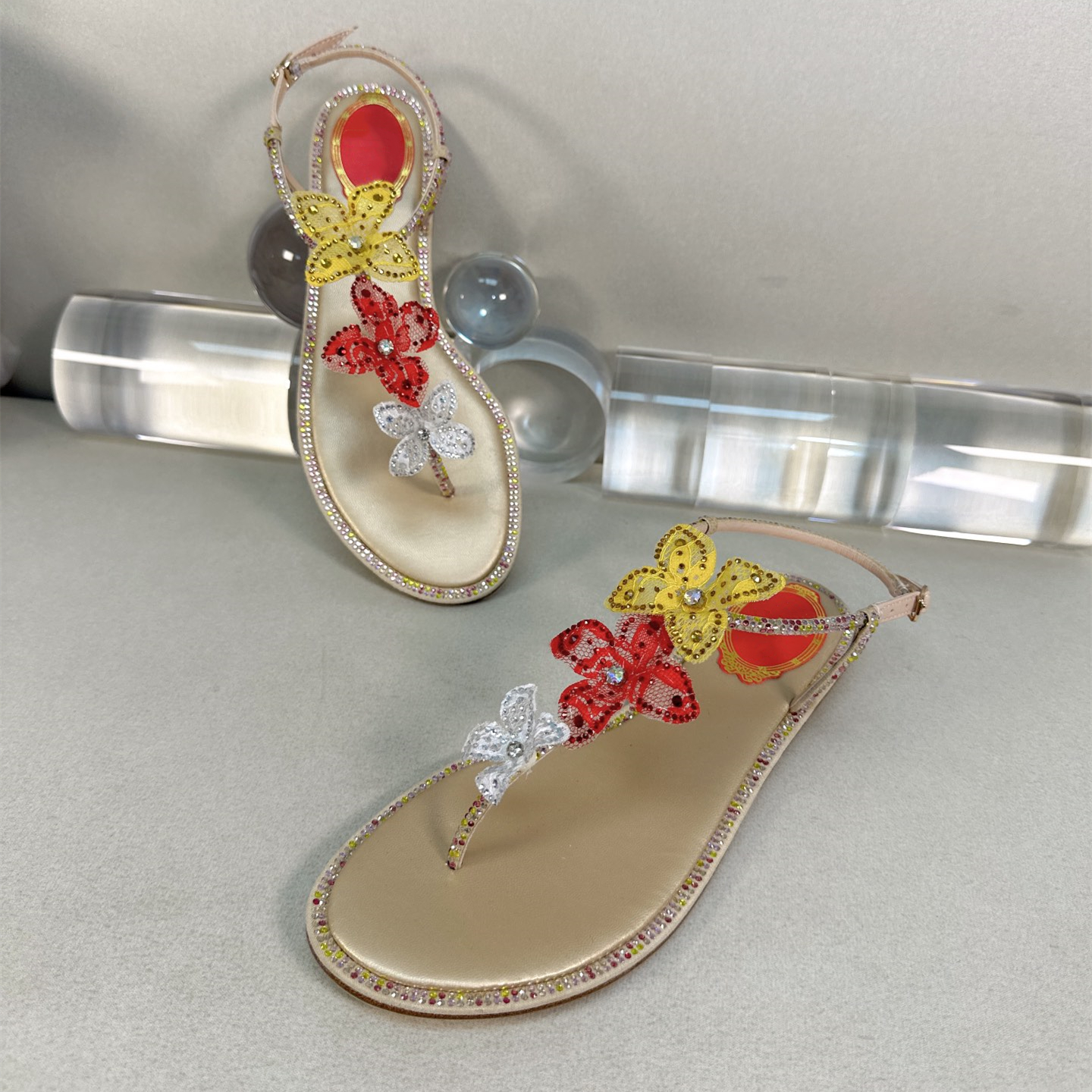 Women Summer Sandals Genuine Leather Silk Thong Sandals Crystal Flowers Flats Shoes Runway Outfit Vacation Buckle Strap Sandals