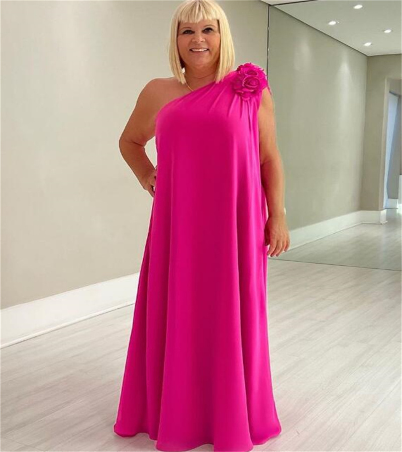 Hot Pink Plus Size Mère de la robe de mariée Une épaule Florals Élégant Boho Beach Wedding Guest Dress Soirée Prom Party Robes 2023 Groom Mom Dress