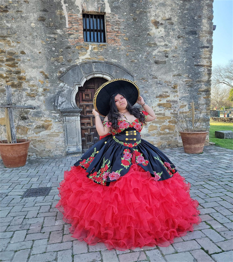 Luxury Black Quinceanera Dresses 2023 With Flowers Sweetheart Mexican Charro Birthday dress Vintage Sweet 15 Dress Corset Prom XV Debutante Vestidos 15 anos