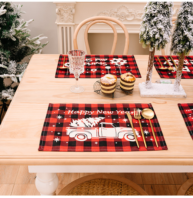 Tapete de mesa de natal caminhão de renas árvore de natal estampado tapete para decoração de mesa de jantar festa banquete decoração de mesa em casa vermelho e preto xadrez jogo americano