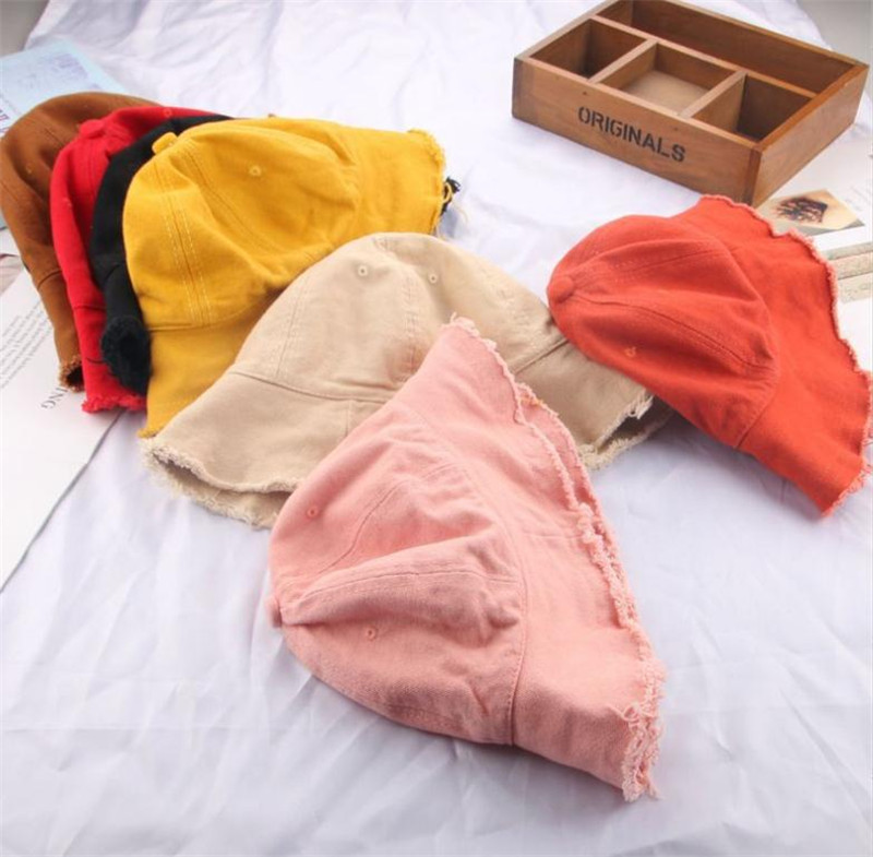 Chapéus de algodão lavados no verão, cor sólida, em branco, desfiados, aba larga, com franjas, chapéu de balde de pescador df248