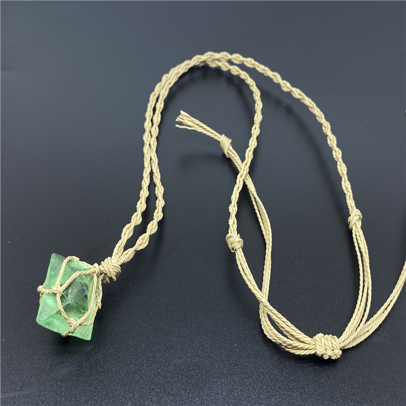 Naturel Améthyste Topaze Vert Fluorite Pierre Brute Pendentif Tissé Net Extensible Corde De Réglage Collier pour Femmes Hommes