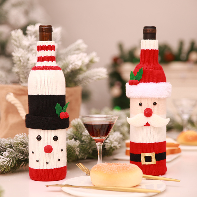masa dekorasyon Noel baba şarap şişesi seti Noel dekorasyon örme şampanya kırmızı şarap çantası özelleştirilebilir şarap şişesi kapağı