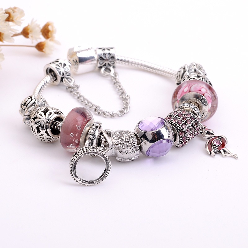 925 Sterling Silver Purple Murano Glass Beads Queen Crown Swan Swan Charm Charm Beads Flamingo Dangl