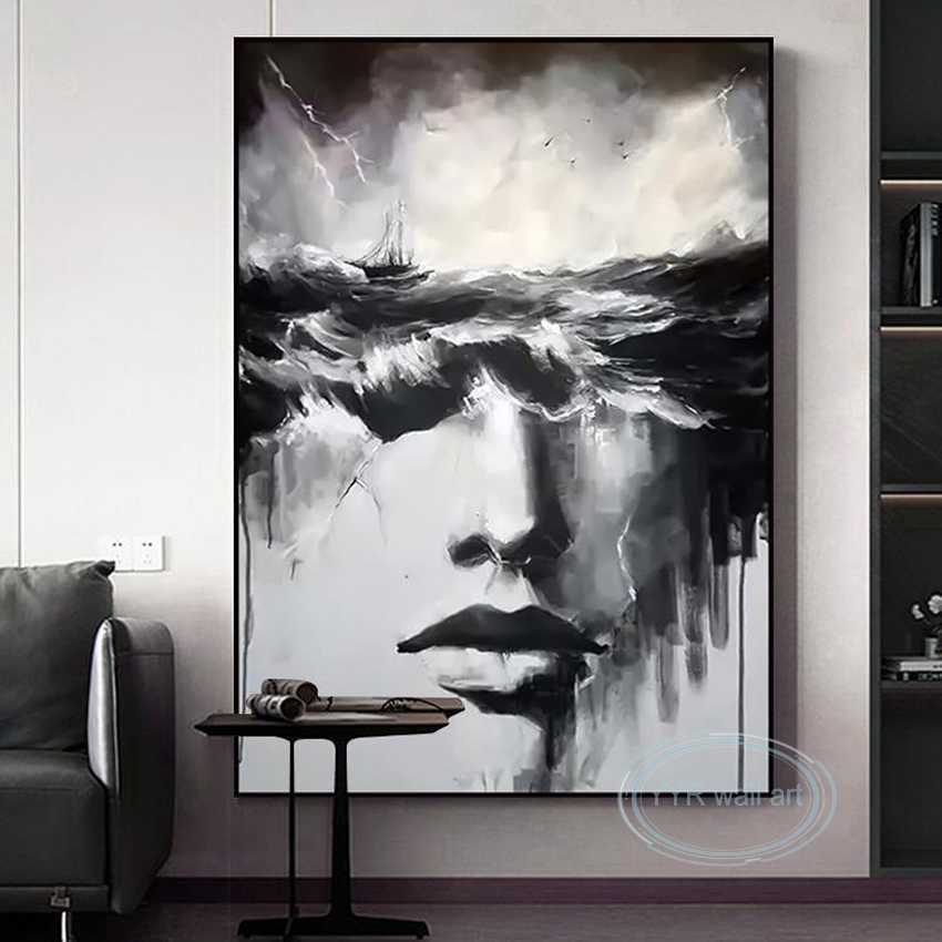 Haute Qualité À La Main Peinture À L'huile Noir Blanc Abstrait Art Figure Mur Décor Affiche Moderne De Luxe Maison Esthétique Grande Murale L230620