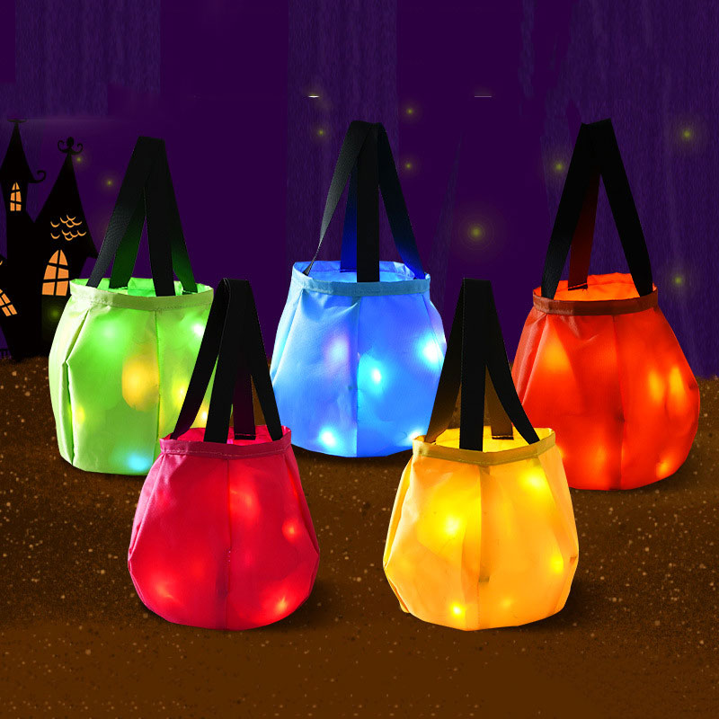 Solid Halloween Party Candy Bags Light Up Trick or Treat Bags Multipurpose Reusable Goody Bucket Basket Tote Bag Glowing Light HW0047