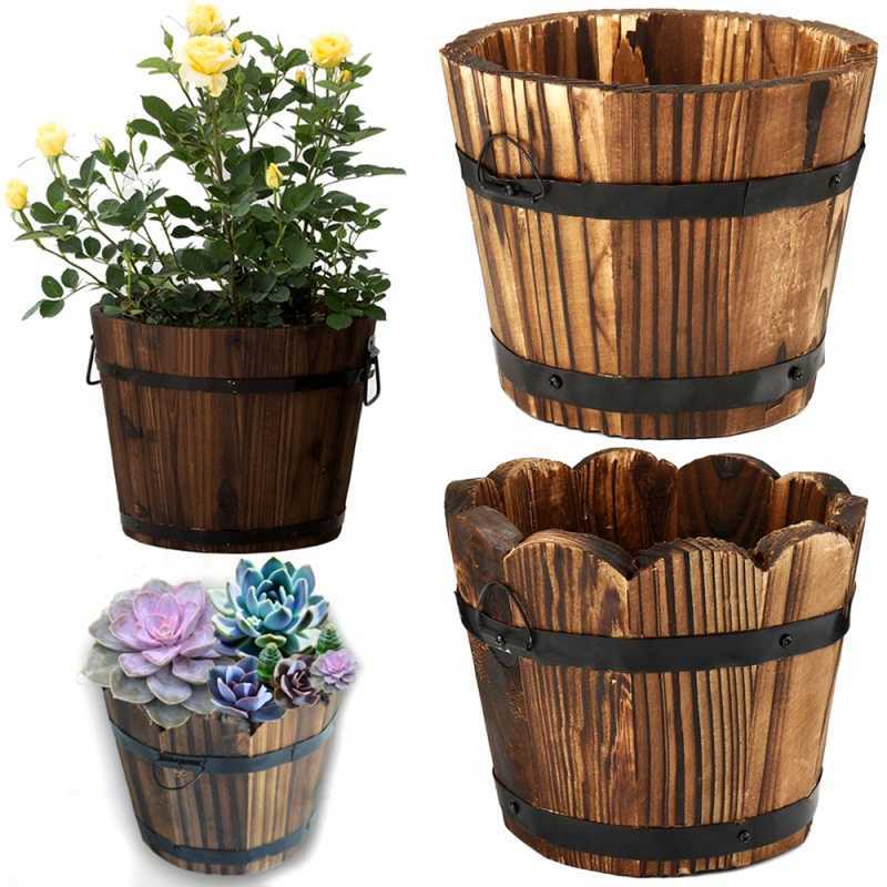 Planters POTS 1st Flower Pot Outdoor Wood Brown Round Flat Mouth Hexagon Wave Wood Planter Barrel Flower Pot Retro Style Garden Pot New R230620