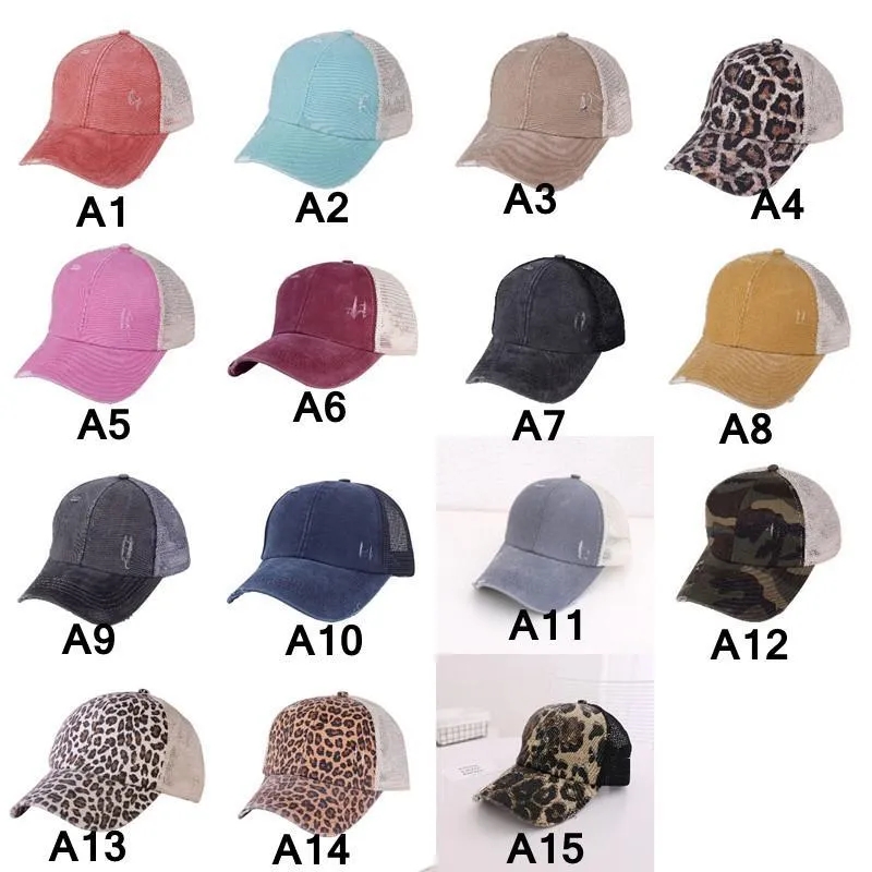 Vrouw Paardenstaart Baseball Cap Party Hoeden Gewassen Verontruste Rommelige Broodjes Ponycaps Luipaard Zonnebloem Criss Cross Trucker Mesh Hoed