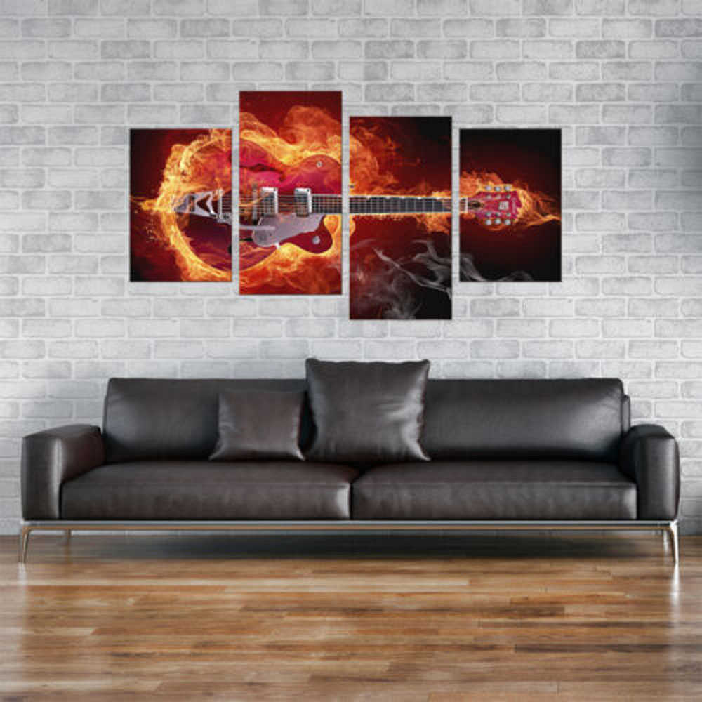 4ピース抽象火災レッドギターモジュラー壁画壁印刷アートキャンバスポスター写真リビングルームの家の装飾L230620の絵画