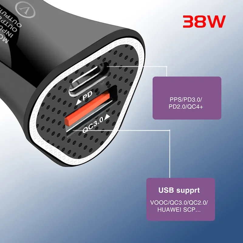 38 W podwójny port QC3.0 USB ładowarka samochodowa Szybka ładowanie stabilne wyjściowe wyjście 20W PD ładowarki dla iPhone'a Samsung Huawei smartfony z pudełkiem