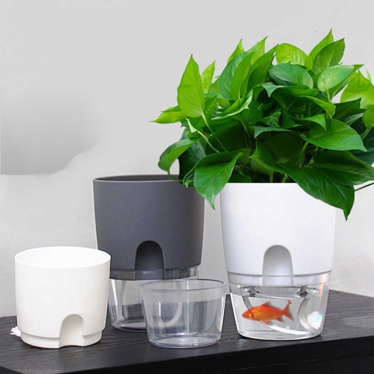 Planters Pots Innovative Lazy Flower Pot Automatic Water-Absorbing Flowerpot Transparent dubbelskikt Plastisk självvatten Planter Fu R230620