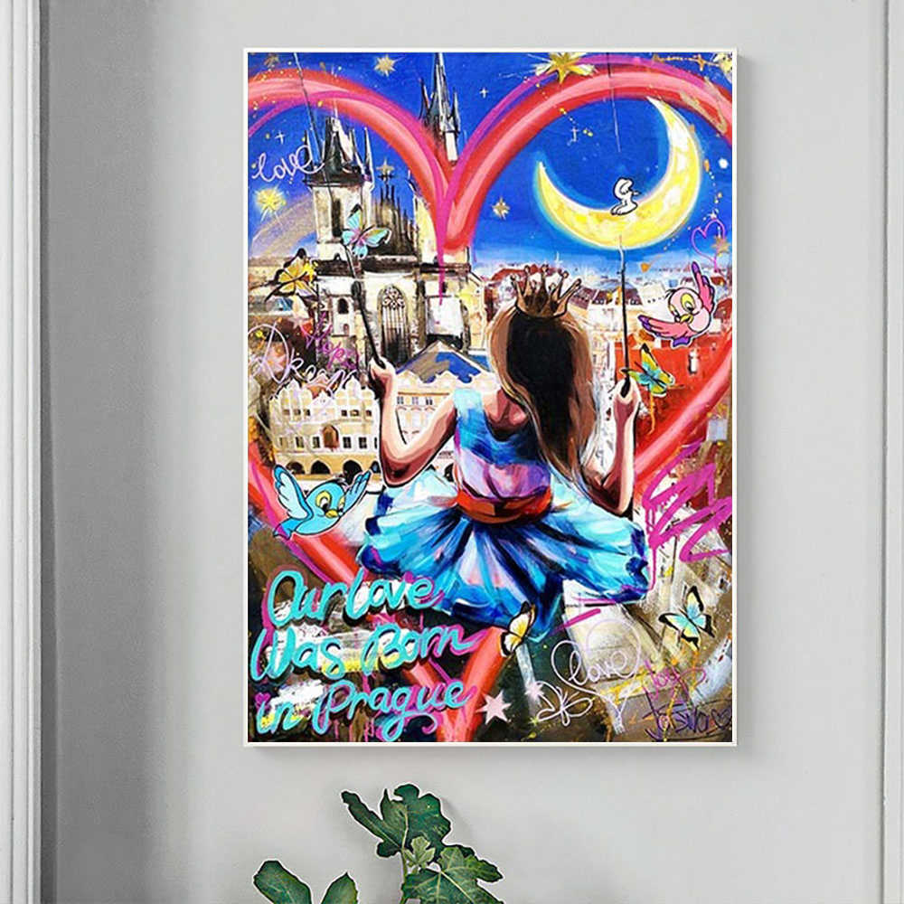 Pop Street Graffiti Girl in Love Wall Art Poster Abstract Mural Home Decor Picture Print Canvas Painting Living Room Decoration