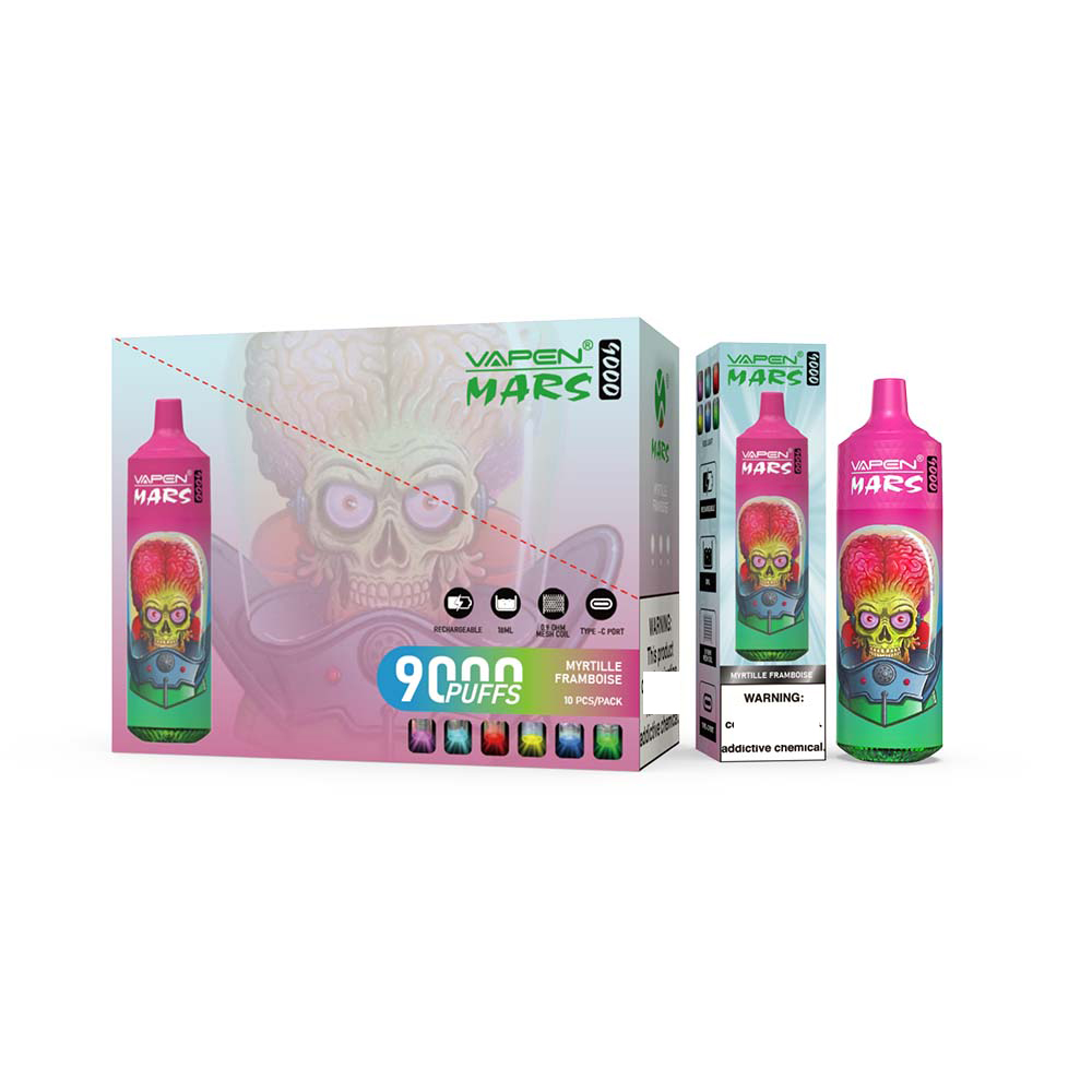 Original VAPEN MARS 9000 Puffs e cigarro descartável vape Controle de fluxo de ar 18ml Vape 0/2/5% recarregável 600mAh Bateria bobina de malha RGB LUZ