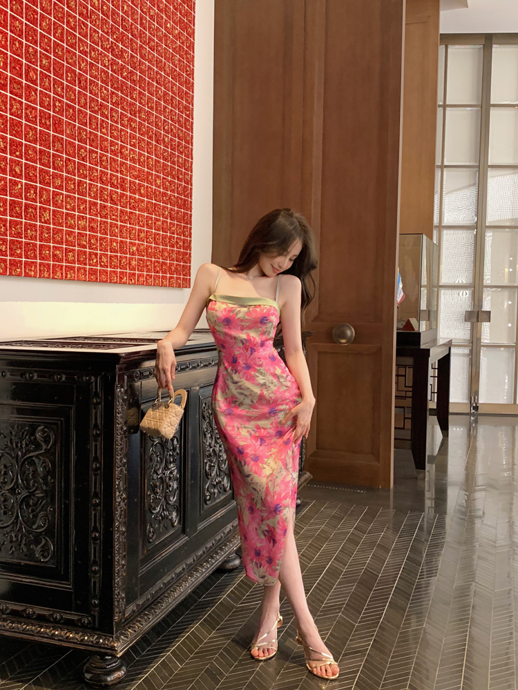Kobiety letni pasek spaghetti druk kwiaty blok kolorowy szczupły talia wentylacja jag długa sukienka SM